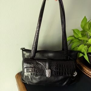 Vtg BRIGHTON Black Leather w/Croc Detail Leather Black Shoulder Bag Double Strap